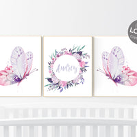 Purple pink nursery, nursery decor girl name, butterfly nursery wall art, purple and pink