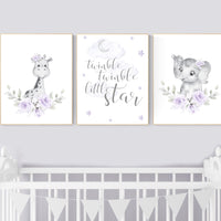 Nursery decor girl boho, Purple nursery, giraffe, elephant, Floral jungle animals, lavender, flower