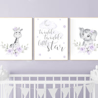 Nursery decor girl boho, Purple nursery, giraffe, elephant, Floral jungle animals, lavender, flower
