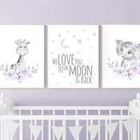 Floral nursery, giraffe, elephant, boho nursery art, Purple nursery, jungle animals, lavender