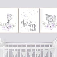 Floral nursery, giraffe, elephant, boho nursery art, Purple nursery, jungle animals, lavender