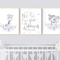 Purple nursery, giraffe, elephant, Nursery decor girl boho, Floral jungle animals, lavender