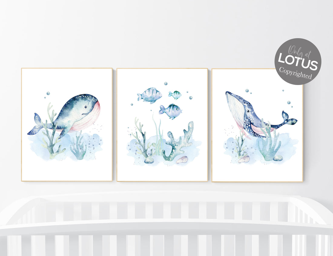 Under the sea nursery, Ocean nursery decor, Nautical nursery print set, whale nursery