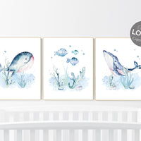Under the sea nursery, Ocean nursery decor, Nautical nursery print set, whale nursery