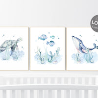 Ocean nursery decor, Nautical nursery print set, under the sea nursery, ocean prints