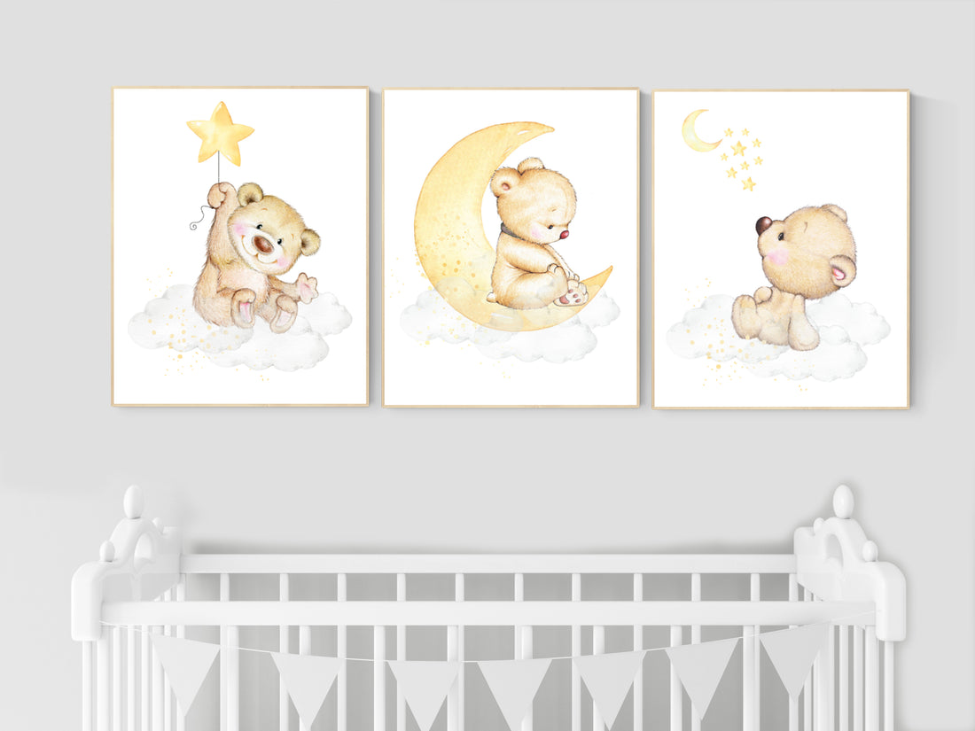Nursery decor bear, gender neutral nursery wall art, yellow nursery, bear nursery print, teddy bear