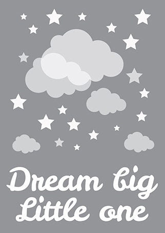 Dream big little one print, nursery print, baby's nursery room decor, kid's room, toddler's room, gray, grey clouds, set of 2 prints, stars