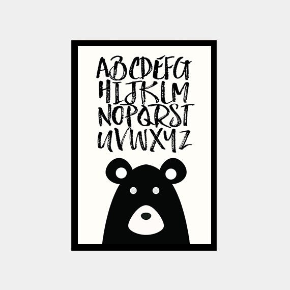 Nursery bear, nursery alphabet, bear nursery decor, bear nursery art, alphabet print, alphabet nursery decor, black and white nursery