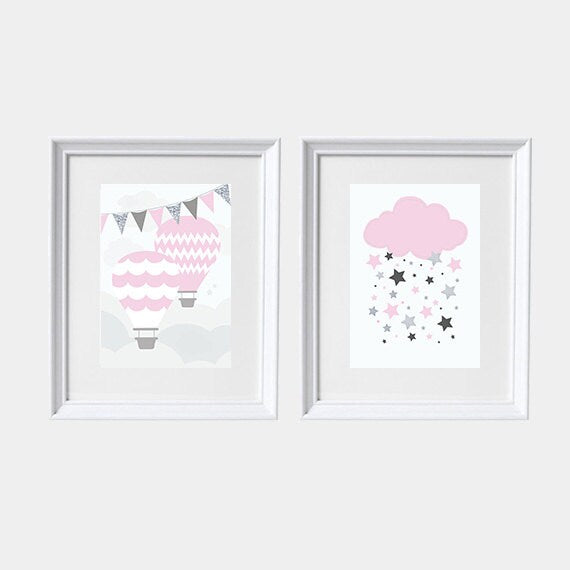 Baby girl nursery print set, Hot Air Balloon nursery, set of 2, pink nursery, nursery wall art, baby girl gift, baby girl baby shower, gift
