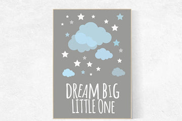 Dream big little one nursery wall art, baby boy nursery decor, blue and gray art, nursery decor, nursery prints, cloud nursery decor, gift