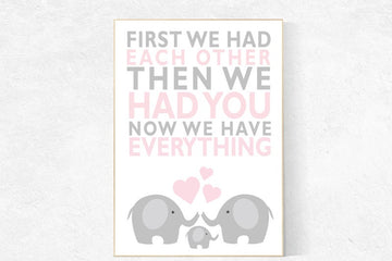 First We Had Each Other, Nursery Art, pink gray nursery, Elephant Nursery, Nursery Decor, Baby Girl Nursery Prints, Baby girl nursery art