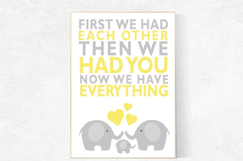 Yellow gray nursery decor, First We Had Each Other, elephant Nursery, Nursery Art, Nursery Decor, gender neutral nursery, nursery prints