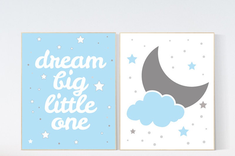 Baby boy nursery set, Moon and stars nursery, blue nursery decor, Dream Big Little One Art Print baby boy nursery blue gray nursery wall art