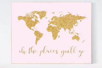 Oh the places you will go nursery, pink gold nursery print, baby girl nursery room decor, world map, glitter, oh the places you'll go, gift