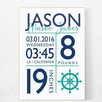 Birth announcement, Nautical boy nursery, birth stats print, nautical baby room, Nautical Nursery Wall Art, Navy Mint Nursery Decor, teal