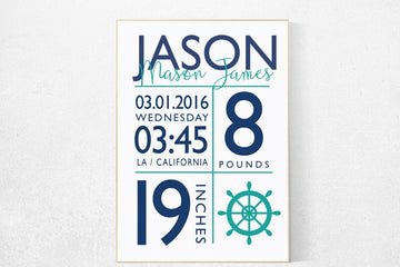 Birth announcement, Nautical boy nursery, birth stats print, nautical baby room, Nautical Nursery Wall Art, Navy Mint Nursery Decor, teal