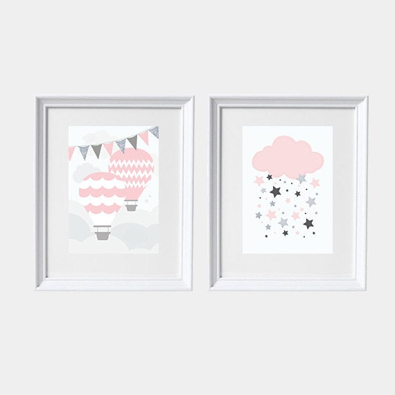 Hot Air Balloon nursery, baby girl nursery, set of 2, pink nursery, nursery wall art, baby girl gift, baby girl baby shower, nursery decor