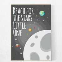 Reach for the stars little one, outer space nursery wall art, gray nursery decor, baby boy, moon print, playroom decor, kids room space grey