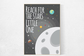 Reach for the stars little one, outer space nursery wall art, gray nursery decor, baby boy, moon print, playroom decor, kids room space grey