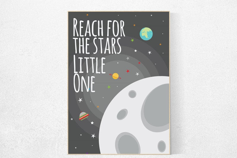 Reach for the stars little one, outer space nursery wall art, gray nursery decor, baby boy, moon print, playroom decor, kids room space grey