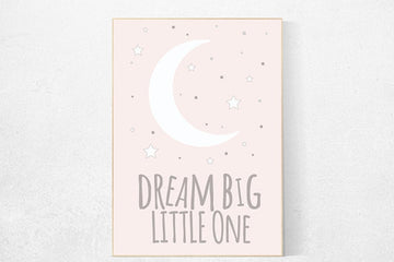 Dream big little one Print, nursery decor girl, Nursery Wall Art, pastel pink, moon prints, Kids Room decor baby girl nursery playroom decor