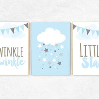 Twinkle Twinkle Little Star, cloud nursery art, Baby boy nursery decor, Blue gray nursery, boys room wall art, baby room prints, set of 3