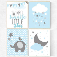 Elephant nursery, Twinkle Twinkle Little Star, cloud nursery art, Baby boy nursery decor, Blue gray nursery, boys room wall art, baby room