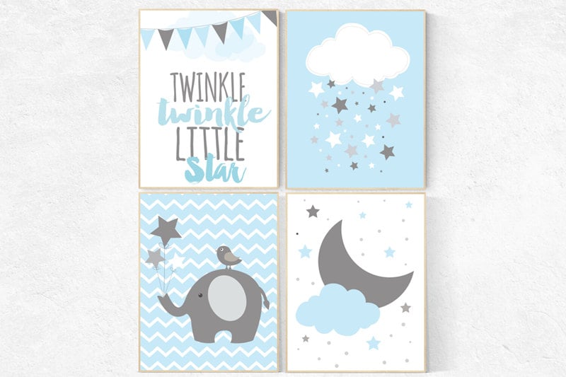 Elephant nursery, Twinkle Twinkle Little Star, cloud nursery art, Baby boy nursery decor, Blue gray nursery, boys room wall art, baby room