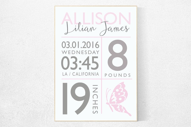 Girl birth announcement nursery decor, butterfly, pink nursery decor, nursery prints, baby birth print baby stats new baby gift Personalized