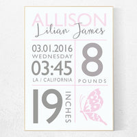 Girl birth announcement nursery decor, butterfly, pink nursery decor, nursery prints, baby birth print baby stats new baby gift Personalized