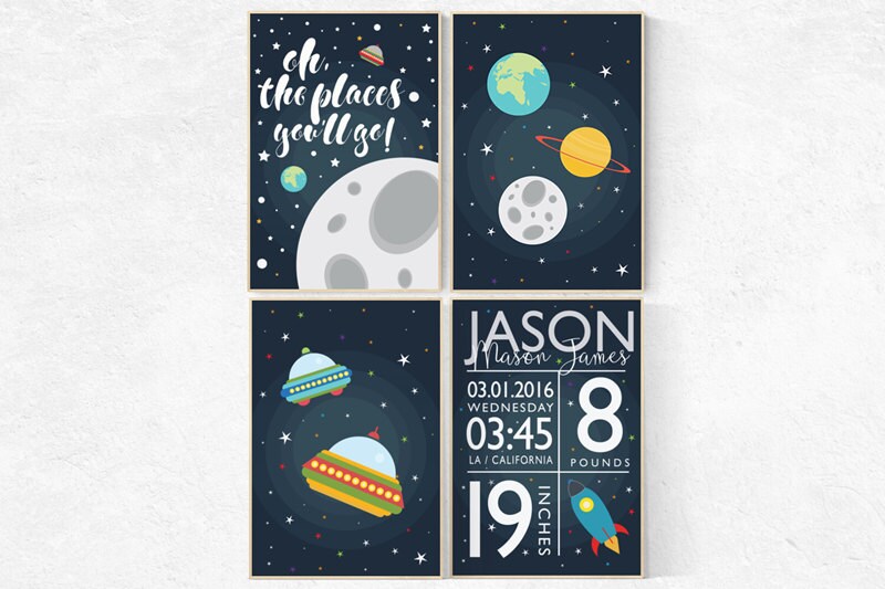 Baby birth stats, Space nursery decor, Outer Space Room Art, Boy Nursery wall art, Space Decor, space nursery art, playroom decor, kids room