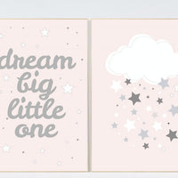 Dream big little one, Nursery Wall Art, Powder Pink Grey Baby Shower, pink nursery decor, baby girl nursery, girls room, new baby gift