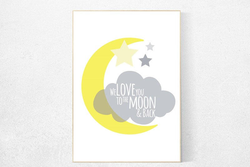 Yellow gray nursery, we love you to the moon and back, nursery decor, yellow nursery decor, nursery wall art, baby room decor, new baby gift