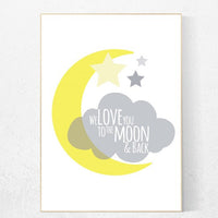 Yellow gray nursery, we love you to the moon and back, nursery decor, yellow nursery decor, nursery wall art, baby room decor, new baby gift