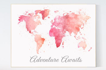 Pink world map, Watercolor World Map, Adventure awaits, Nursery Print, blush pink, girl nursery wall art, travel themed nursery