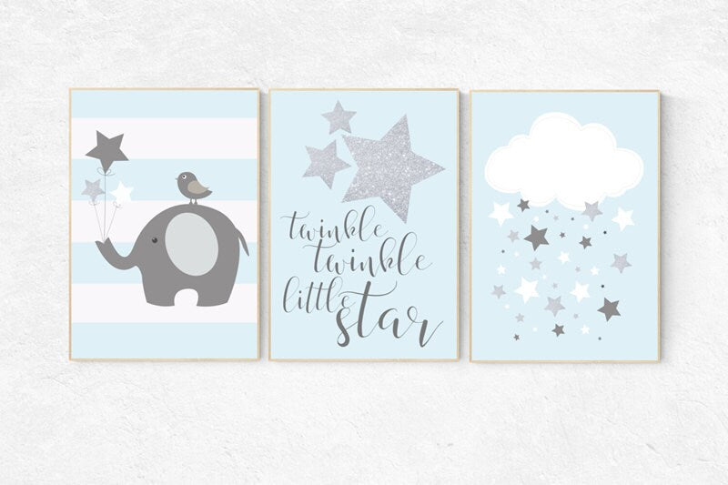 Twinkle twinkle little star nursery, blue gray nursery decor, baby boy nursery, hot air balloon nursery art baby room decor elephant nursery