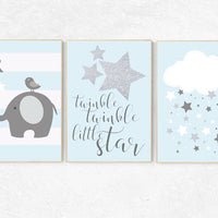 Twinkle twinkle little star nursery, blue gray nursery decor, baby boy nursery, hot air balloon nursery art baby room decor elephant nursery