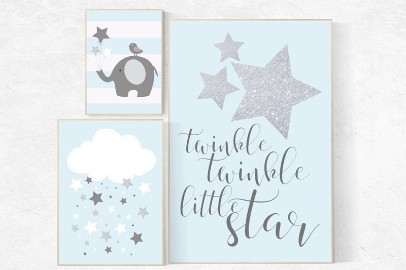 Twinkle twinkle little star nursery, blue gray nursery decor, baby boy nursery, hot air balloon nursery art baby room decor elephant nursery