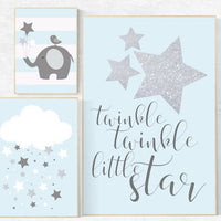 Twinkle twinkle little star nursery, blue gray nursery decor, baby boy nursery, hot air balloon nursery art baby room decor elephant nursery