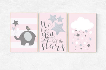 We love you more than all the stars, baby girl nursery wall art, pink gray nursery decor, baby girl, pink silver, elephant nursery baby gift