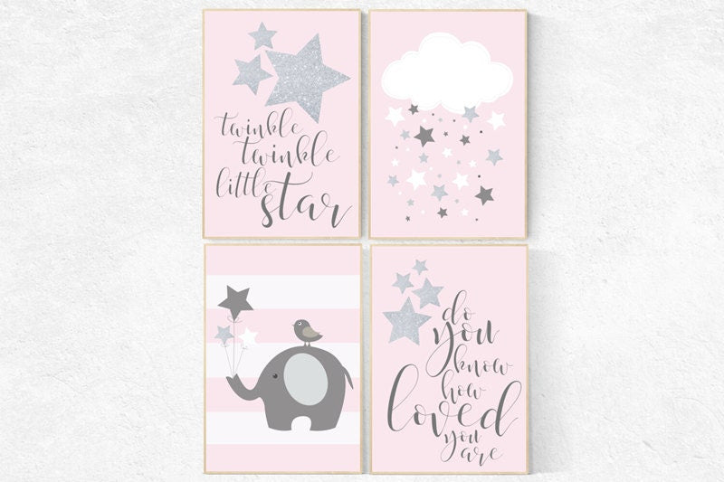 Nursery decor girl elephant, nursery wall art elephantPink and gray nursery, pink silver nursery, pink and grey, twinkle twinkle little star