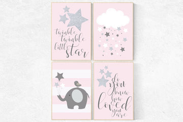 Nursery decor girl elephant, nursery wall art elephantPink and gray nursery, pink silver nursery, pink and grey, twinkle twinkle little star