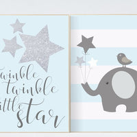 Nursery wall art elephant, nursery decor boy elephant, blue and silver nursery, twinkle twinkle little star, elephant nursery, blue nursery