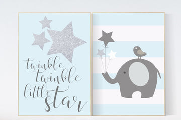 Nursery wall art elephant, nursery decor boy elephant, blue and silver nursery, twinkle twinkle little star, elephant nursery, blue nursery
