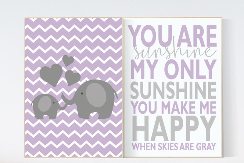 You Are My Sunshine Nursery Art, purple nursery decor, girls room, Baby girl Wall Art, Playroom Room, elephant nursery, purple room decor