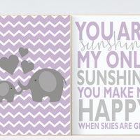 You Are My Sunshine Nursery Art, purple nursery decor, girls room, Baby girl Wall Art, Playroom Room, elephant nursery, purple room decor