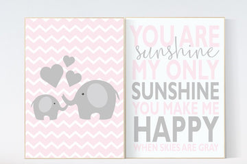 Girl nursery wall art, Girl nursery decor, You Are My Sunshine Nursery Art, pink nursery decor, girls Room, elephant nursery