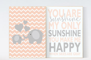 Coral nursery decor, You Are My Sunshine Nursery Art, nursery wall art girl elephant, blush nursery, coral nursery art, elephant nursery