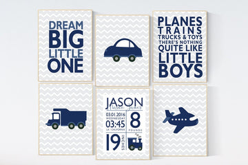 Transportation nursery, baby birth stats, Baby Boy Nursery, dream big little one, transportation boys room decor, train, truck plane, car