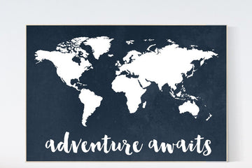 Navy World Map print, Adventure awaits Nursery print, Kid's Room Decor, Children's playroom, toddler navy baby wall art, world map gift
